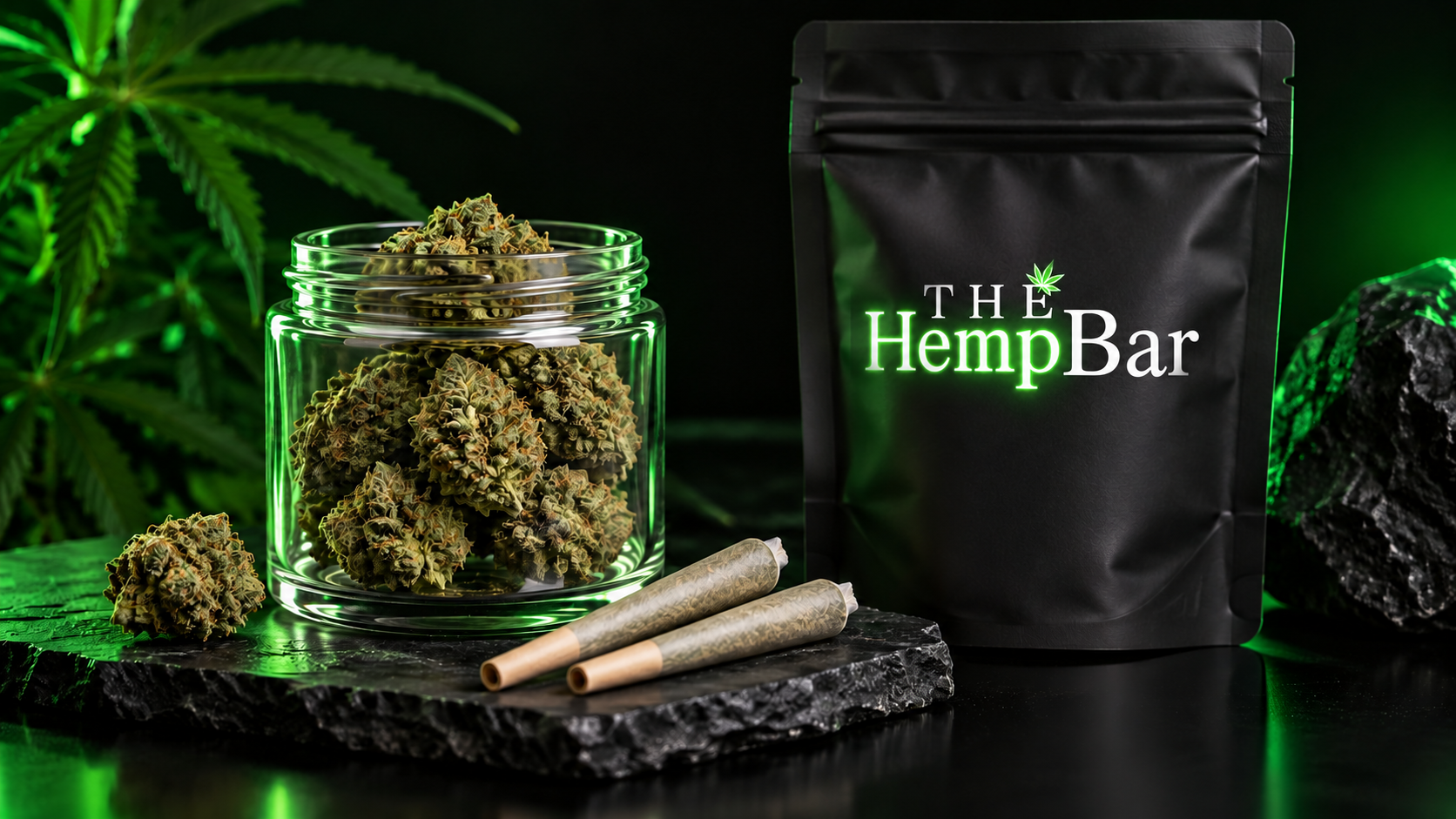 Hemp flower, unlit pre-rolls, and a black pouch carrying The Hemp Bar logo under green studio lighting